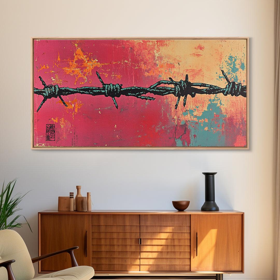 Black Barbed Wire On Coral Teal Wall Art, Urban Graffiti Print, Abstract Street Art, Edgy Modern Office Wall Decor Gift For Him
