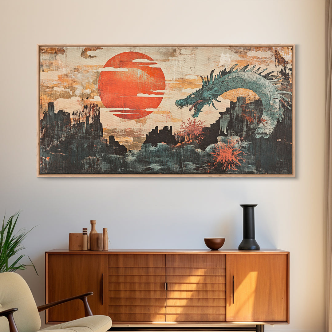 Teal Dragon Over Red Sun Mountains Framed Canvas Print, Asian Fantasy Wall Art, Japanese Decor, Dramatic Living Room Art