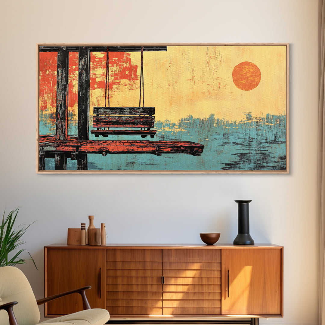 Japanese Dock Swing At Sunset Framed Canvas Print, Serene Ocean Wall Art, Coastal Home Decor, Zen Living Room Print, Bedroom Decor