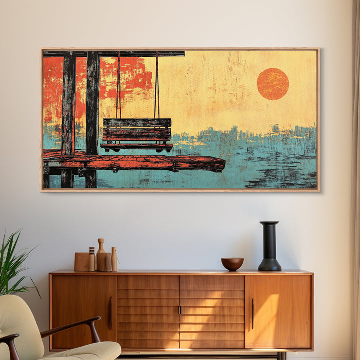 Japanese Dock Swing At Sunset Framed Canvas Print, Serene Ocean Wall Art, Coastal Home Decor, Zen Living Room Print, Bedroom Decor
