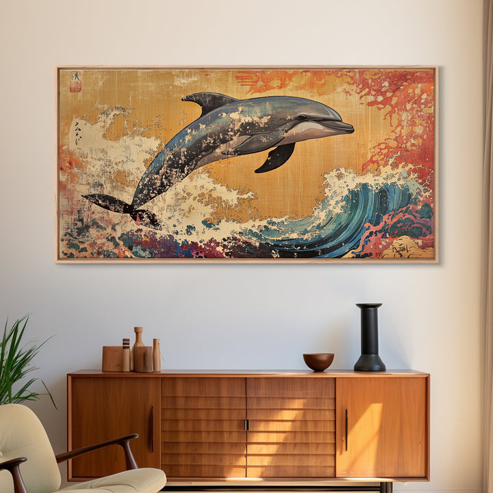 Dolphin Leaping Over Ukiyo E Wave Canvas Print, Japanese Ocean Wall Art, Coastal Nursery Decor, Sea Life Home Decor, Gift For Her