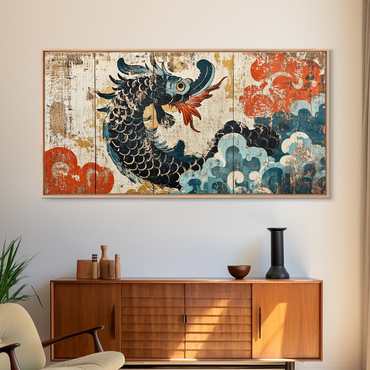 Ukiyo E Sea Dragon With Clouds Framed Canvas Print, Japanese Wall Art, Fantasy Decor, Asian Inspired Living Room Art, Statement Artwork
