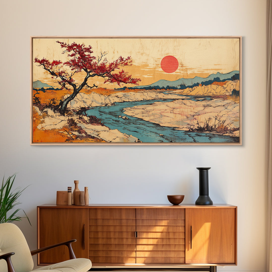 Cherry Tree Desert River Sunset Framed Canvas Print, Japanese Landscape Wall Art, Mountain Wall Decor, Rustic Home Decor