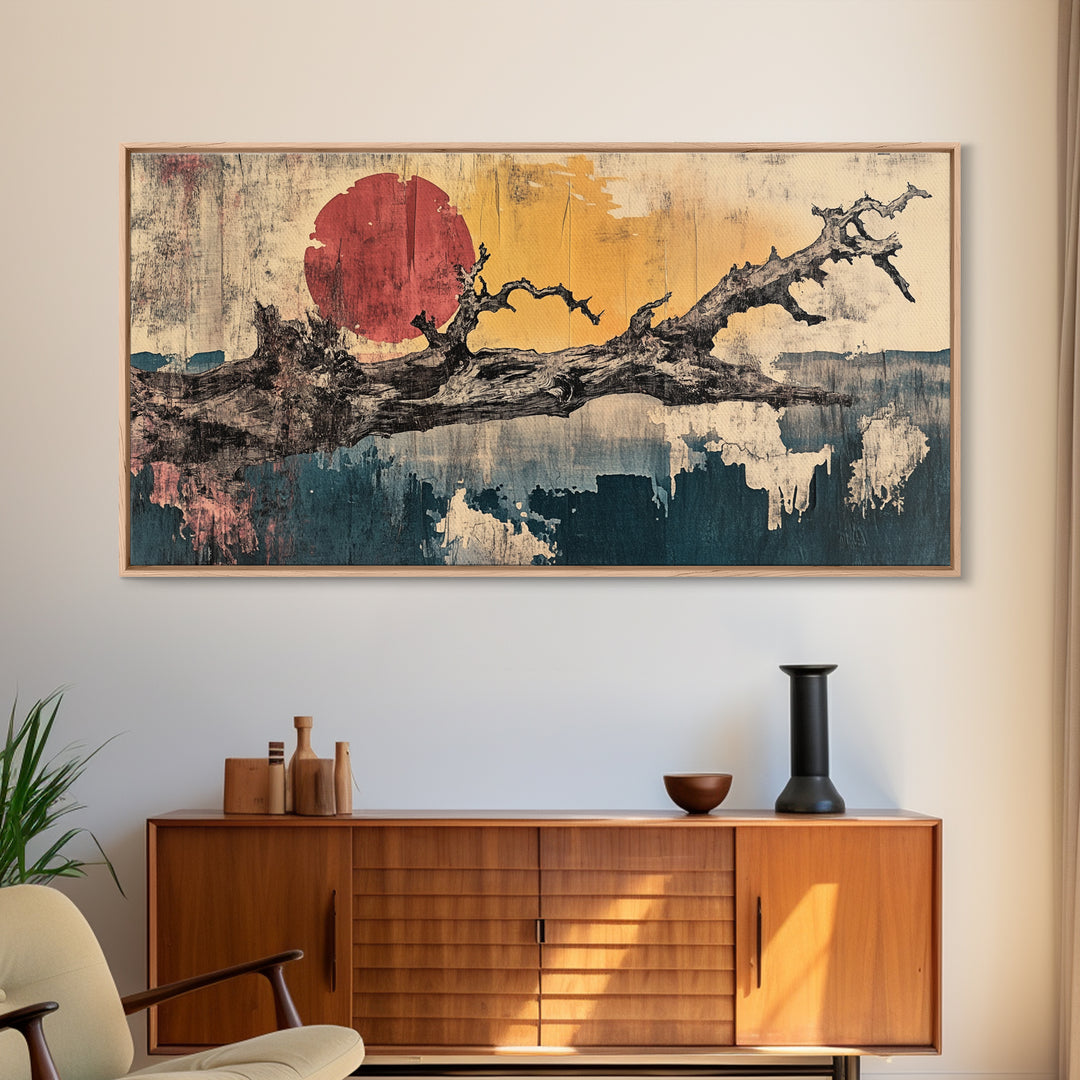 Bare Branch Red Sun Abstract Canvas Print, Japanese Landscape Wall Art, Wabi Sabi Decor, Minimalist Living Room Art, Zen Home Decor
