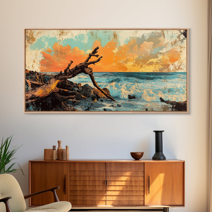 Driftwood Ocean Sunset Seascape Framed Canvas Print, Coastal Wall Art, Beach House Decor, Nautical Living Room Decor, Gift For Her