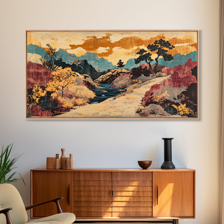 Colorful Canyon River Mountains Framed Canvas Print, Southwest Landscape Wall Art, Rustic Desert Decor, Large Wall Art Print