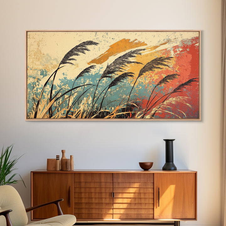 Windblown Reeds In Teal And Rust Wall Art, Japanese Inspired Abstract Landscape, Boho Living Room Decor, Large Canvas Print