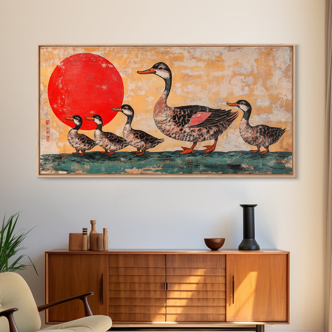 Mallard Duck Family With Red Sun Wall Art, Japanese Bird Art Print, Whimsical Animal Decor, Nursery Or Kitchen Canvas Print