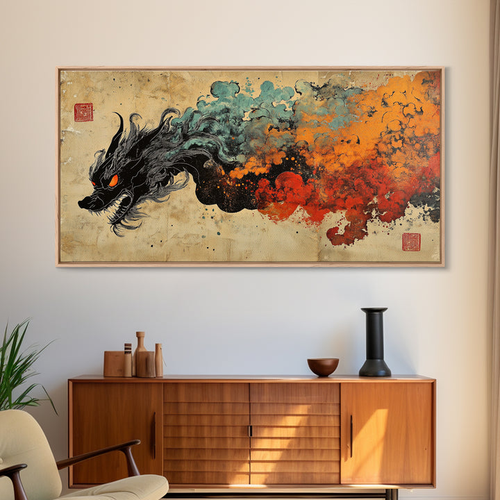Black Dragon With Fiery Smoke Wall Art, Japanese Fantasy Art Print, Dark Mythical Decor, Dramatic Gaming Room Canvas Print