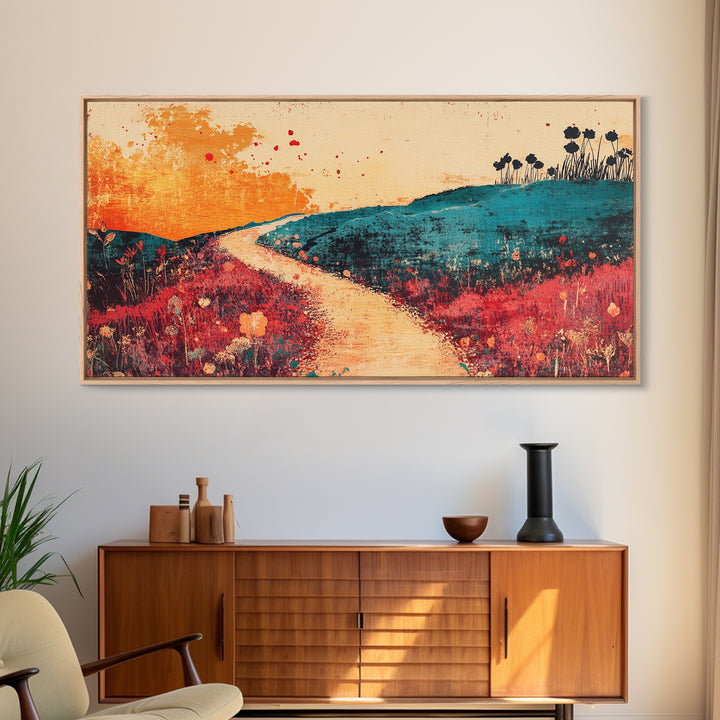 Sunlit Path Through Teal Hills Wall Art, Abstract Landscape Print, Colorful Wildflower Decor, Boho Living Room Canvas Print