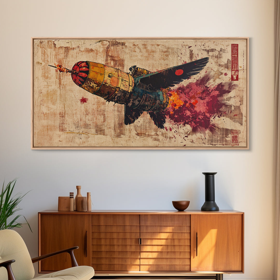 Retro Rocket Bird In Flight Wall Art, Japanese Sci Fi Art Print, Cyberpunk Bird Poster Decor, Futuristic Canvas Print