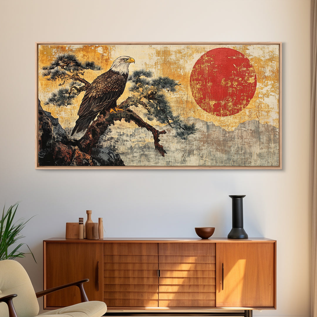 Bald Eagle On Pine Branch Wall Art, Japanese Wildlife Art Print, Rustic Nature Decor, Patriotic Living Room Canvas Print