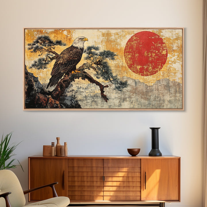Bald Eagle On Pine Branch Wall Art, Japanese Wildlife Art Print, Rustic Nature Decor, Patriotic Living Room Canvas Print