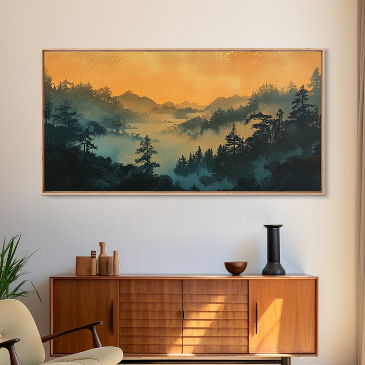 Misty Mountain Forest At Sunrise Wall Art, Japanese Landscape Print, Moody Nature Decor, Serene Bedroom Framed Canvas Print
