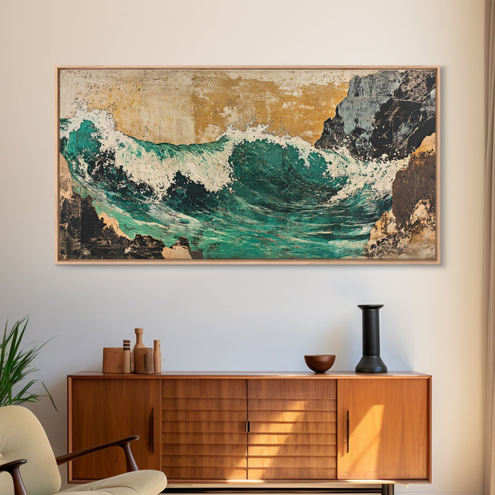 Turquoise Ocean Wave Between Cliffs Wall Art, Japanese Seascape Print, Coastal Beach House Decor, Large Framed Canvas Print