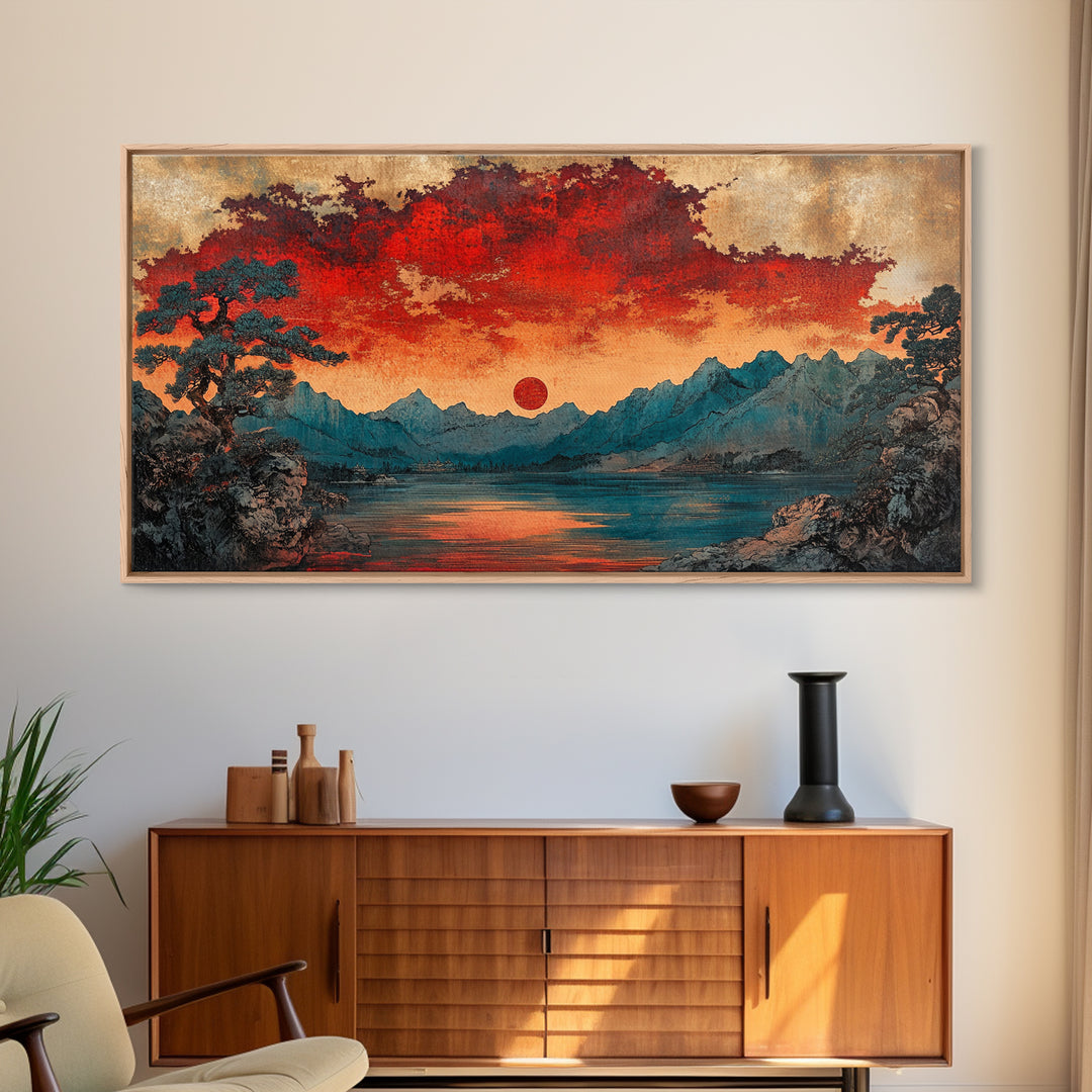 Red Sun Mountain Lake Wall Art, Japanese Landscape Print, Moody Sunset Canvas, Asian Inspired Living Room Home Decor