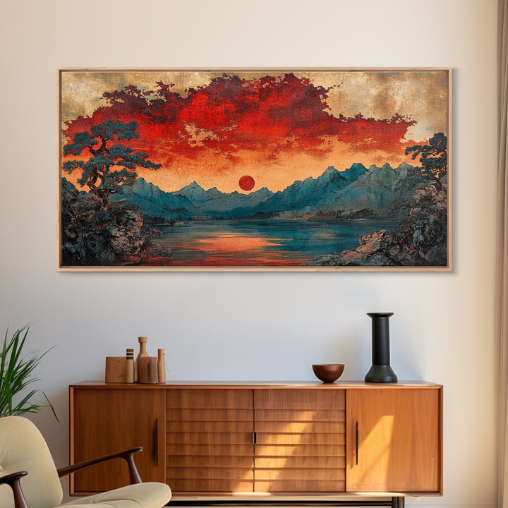 Red Sun Mountain Lake Wall Art, Japanese Landscape Print, Moody Sunset Canvas, Asian Inspired Living Room Home Decor