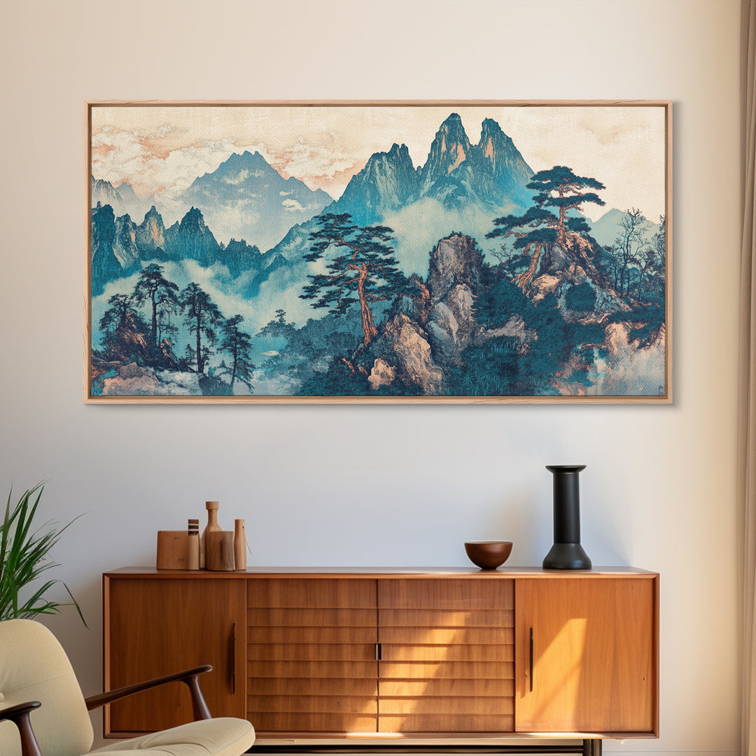 Misty Mountain Pine Wall Art, Japanese Landscape Print, Blue Green Nature Canvas, Zen Living Room Decor Home Decor Office Decor