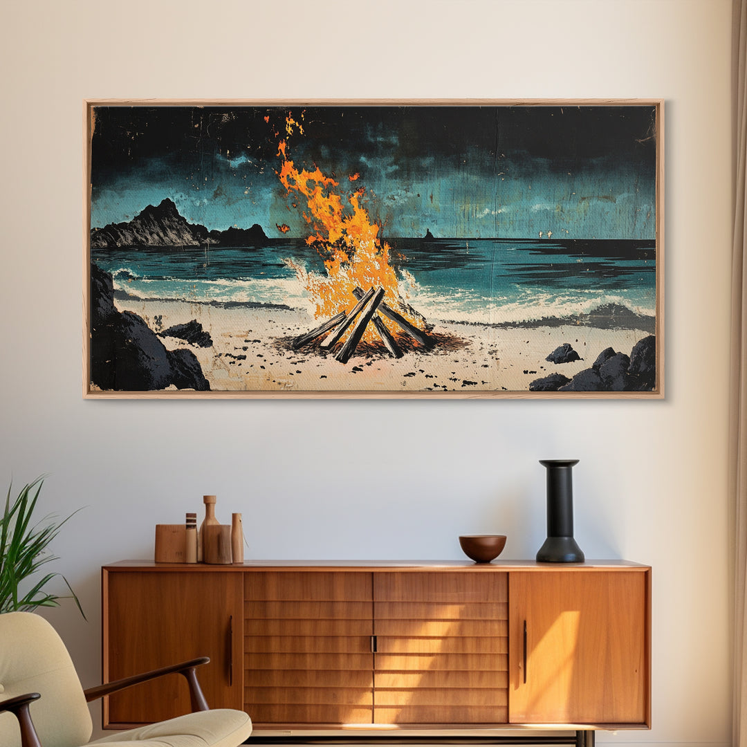 Beach Bonfire Wall Art, Coastal Campfire Canvas Print, Ocean Night Seascape, Rustic Cabin Decor, Man Cave Decor Home Decor Gift