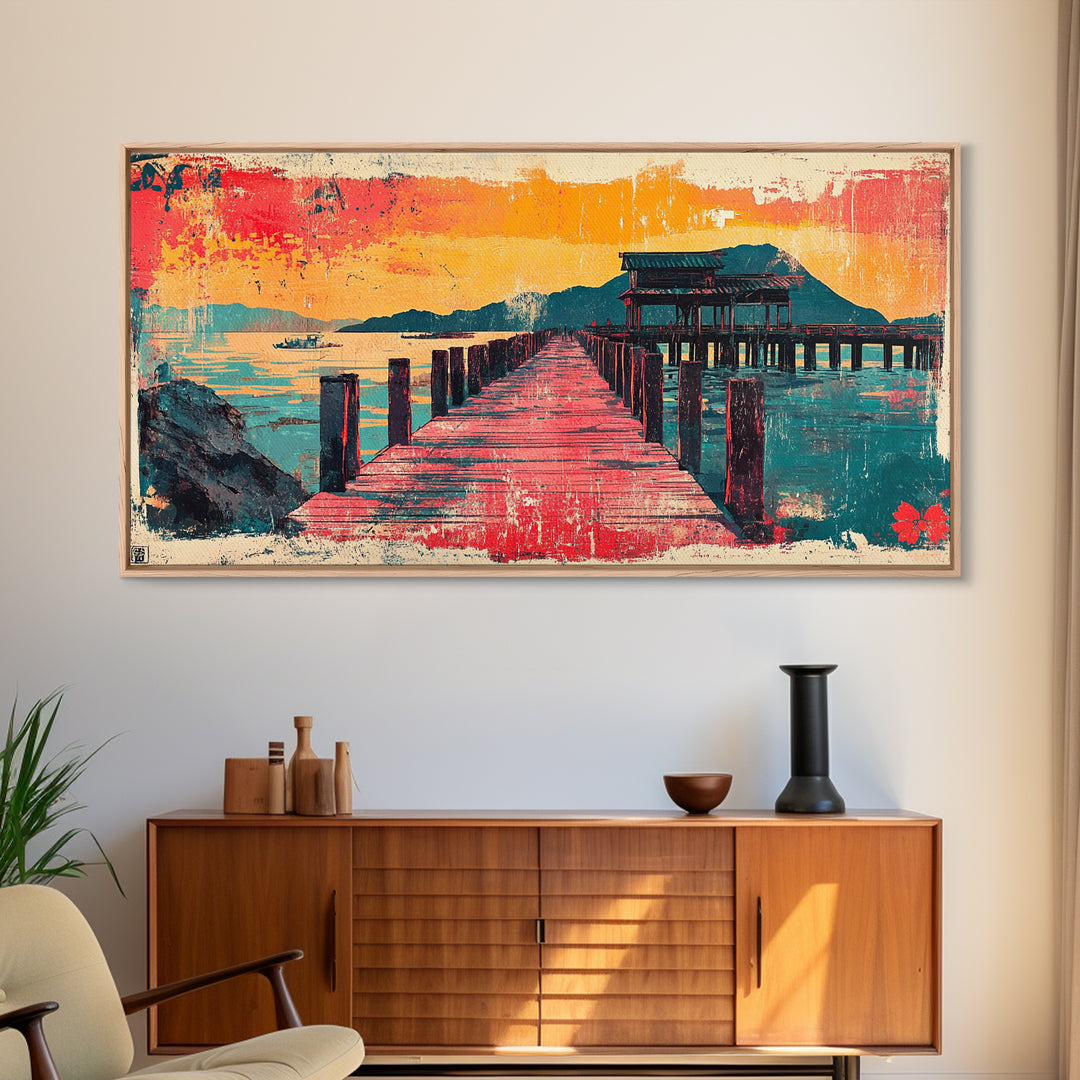 Red Pier Sunset Wall Art, Japanese Coastal Landscape Print, Teal Ocean Canvas, Asian Inspired Home Decor For Living Room
