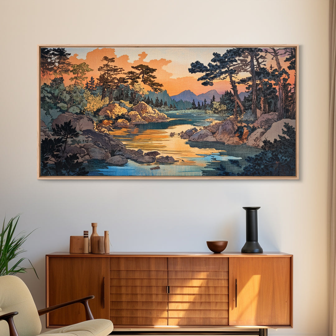 Golden River Forest Wall Art, Japanese Landscape Print, Pine Woodland Canvas, Nature Inspired Living Room Home Decor Gift
