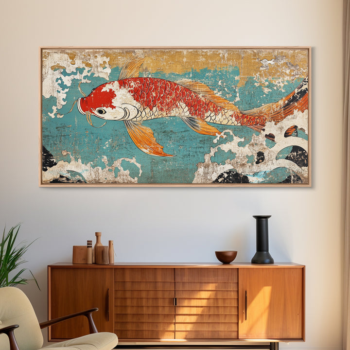 Red Koi Fish In Turquoise Waves Canvas Print, Japanese Wall Art, Coastal Decor, Nautical Home Decor, Large Living Room Art