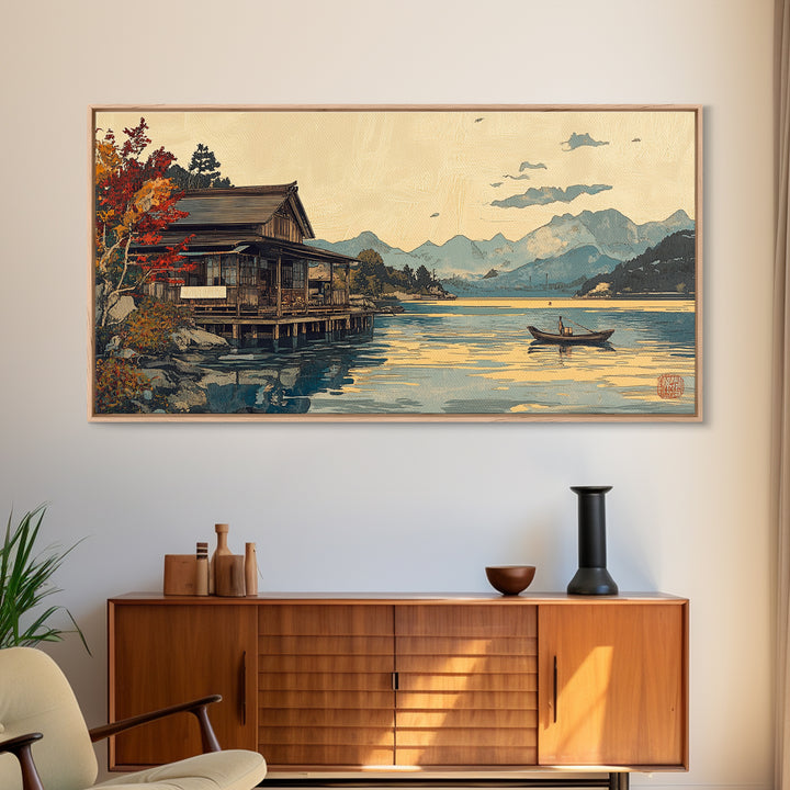 Japanese Lakeside Cabin With Boat Framed Canvas Print, Mountain Landscape Wall Art, Japandi Decor, Serene Living Room Decor