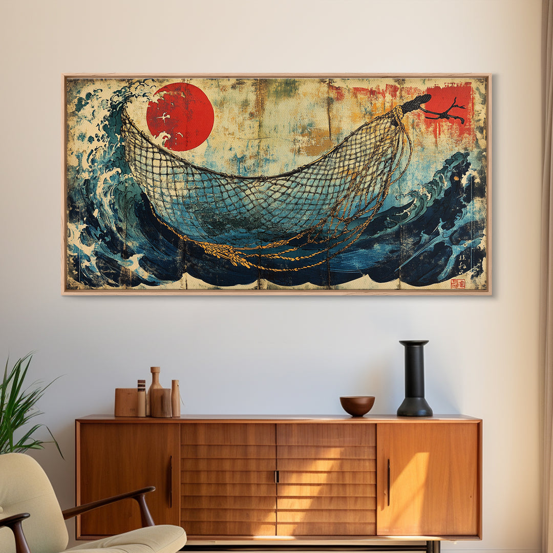 Fishing Net Over Stormy Blue Waves Canvas Print, Japanese Seascape Wall Art, Nautical Decor, Coastal Living Room Art