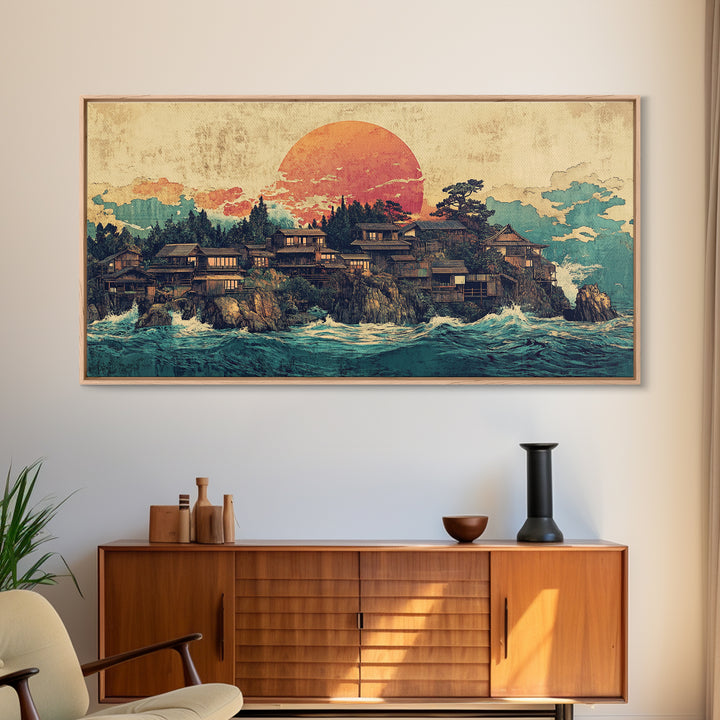 Japanese Coastal Village At Sunset Canvas Print, Ocean Wall Art, Seascape Decor, Japandi Living Room Wall Decor Gift