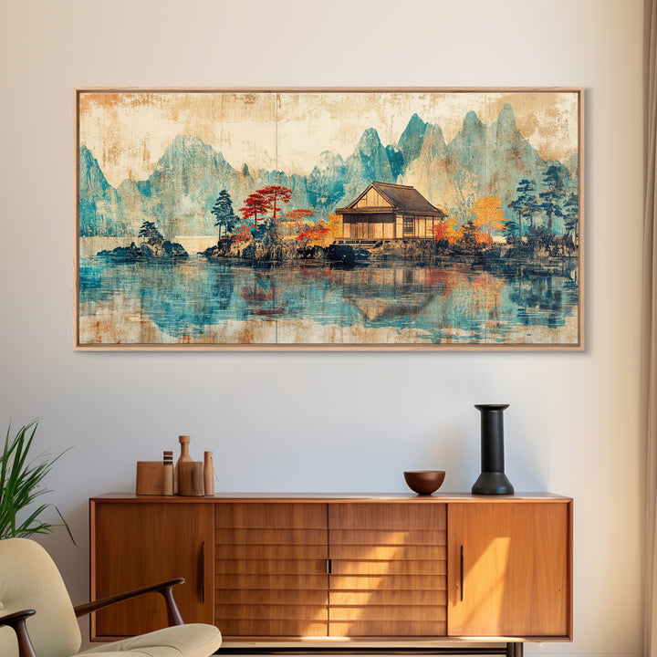 Quiet Lake House With Misty Mountains Framed Canvas Print, Japanese Landscape Wall Art, Japandi Decor, Serene Home Decor