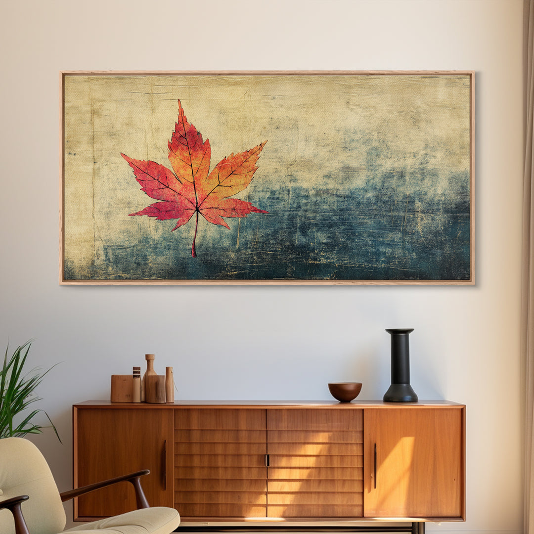 Red Maple Leaf On Textured Blue Background Canvas Print, Japanese Botanical Wall Art, Autumn Decor, Minimalist Nature Print