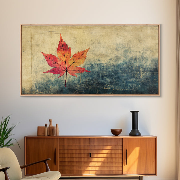 Red Maple Leaf On Textured Blue Background Canvas Print, Japanese Botanical Wall Art, Autumn Decor, Minimalist Nature Print