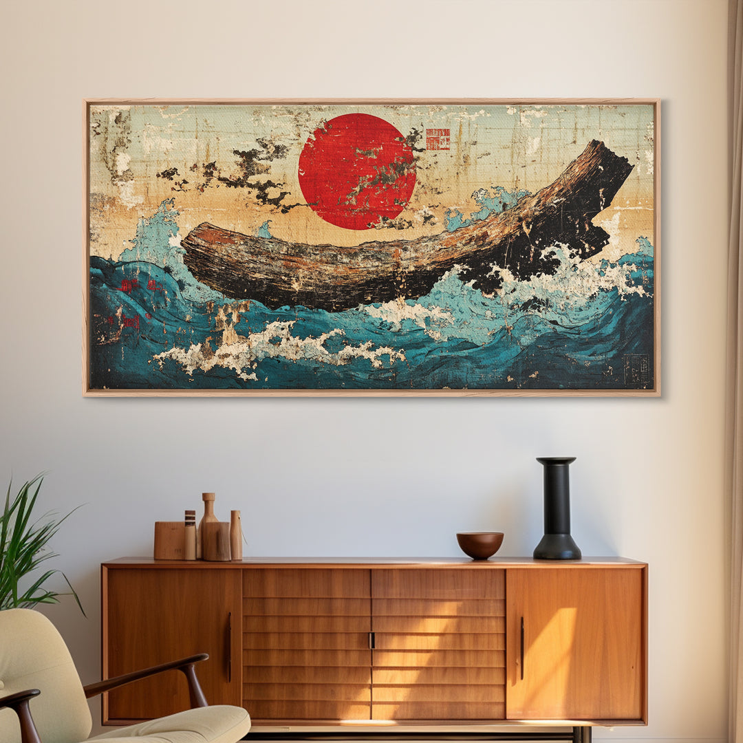 Driftwood Log In Blue Ocean Waves Canvas Print, Japanese Nautical Wall Art, Rustic Coastal Decor, Modern Seascape Art Print
