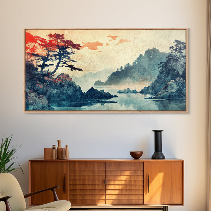 Misty Japanese Cove With Pines Canvas Print, Mountain Lake Landscape Wall Art, Serene Japandi Decor, Large Living Room Art