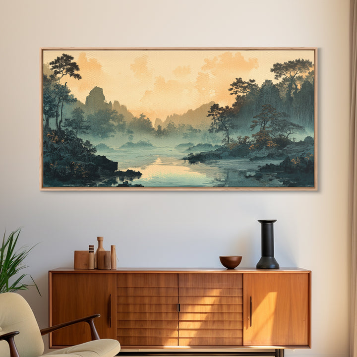 Misty River Valley Sunrise Wall Art, Japanese Landscape Print, Zen Home Decor, Panoramic Canvas For Living Room, Nature Wall Decor Gift