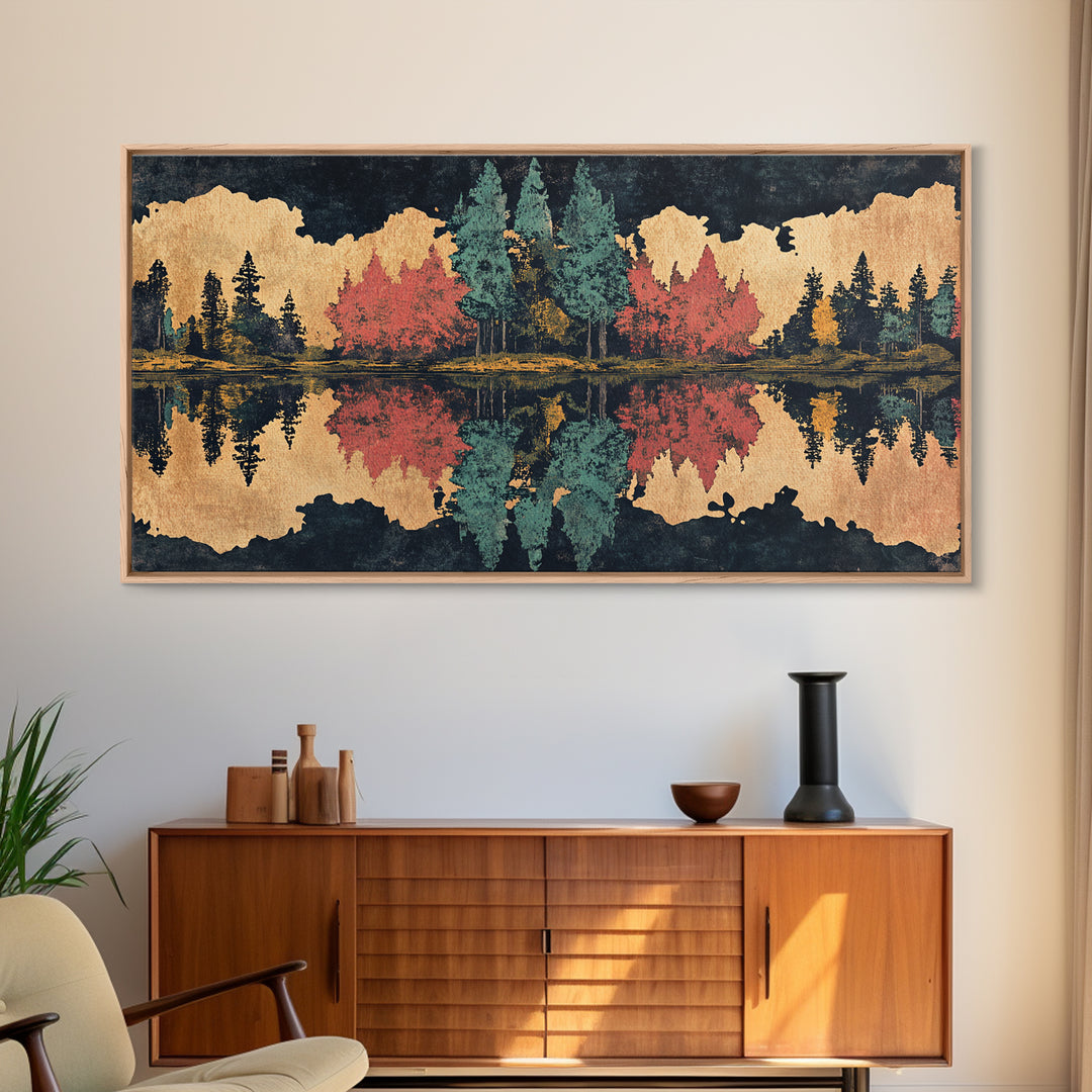 Autumn Forest Lake Reflection Wall Art, Abstract Landscape Print, Panoramic Canvas Decor For Living Room And Cabin, Rustic Home Decor Gift