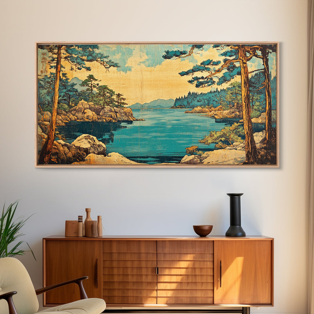 Rocky Pine Coast And Blue Lake Framed Canvas Print, Japanese Landscape Wall Art, Coastal Nature Decor For Living Room, Beach House Gift