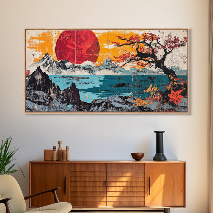 Red Sun Snowy Mountains Wall Art, Japanese Cherry Blossom Seascape Print, Bold Asian Home Decor, Large Canvas For Living Room