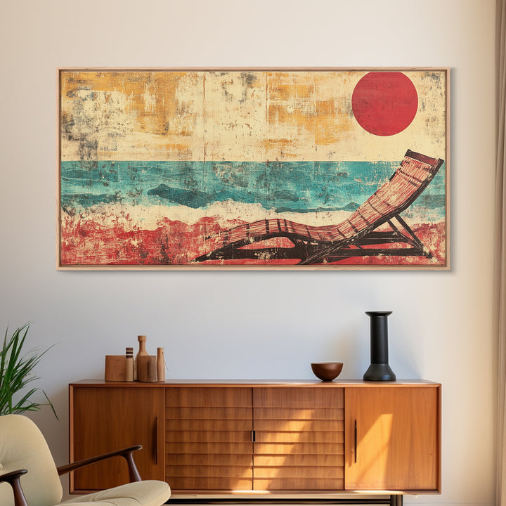 Red Sun Beach Chair Canvas Print, Coastal Wall Art, Ocean Waves Poster, Summer Beach House Decor For Bedroom And Living Room