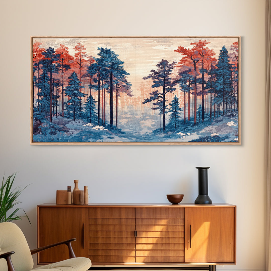 Misty Blue Pine Forest With Coral Autumn Trees Wall Art, Nature Landscape Print, Scandinavian Decor, Cozy Bedroom Wall Decor