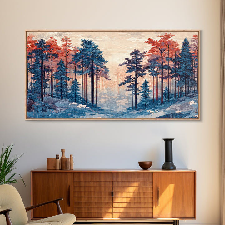 Misty Blue Pine Forest With Coral Autumn Trees Wall Art, Nature Landscape Print, Scandinavian Decor, Cozy Bedroom Wall Decor
