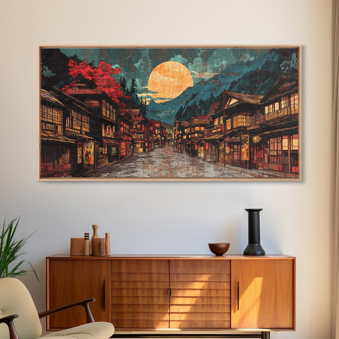 Moonlit Japanese Village Street With Red Maple Trees Framed Canvas Print, Japandi Wall Art, Moody Living Room Wall Decor