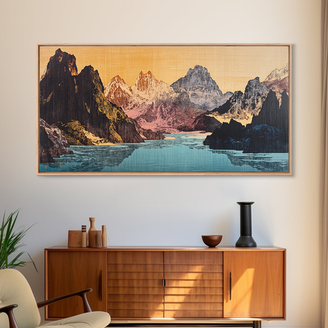 Dramatic Alpine Lake With Rugged Mountain Peaks Wall Art, Panoramic Landscape Print, Rustic Nature Decor, Large Canvas Print