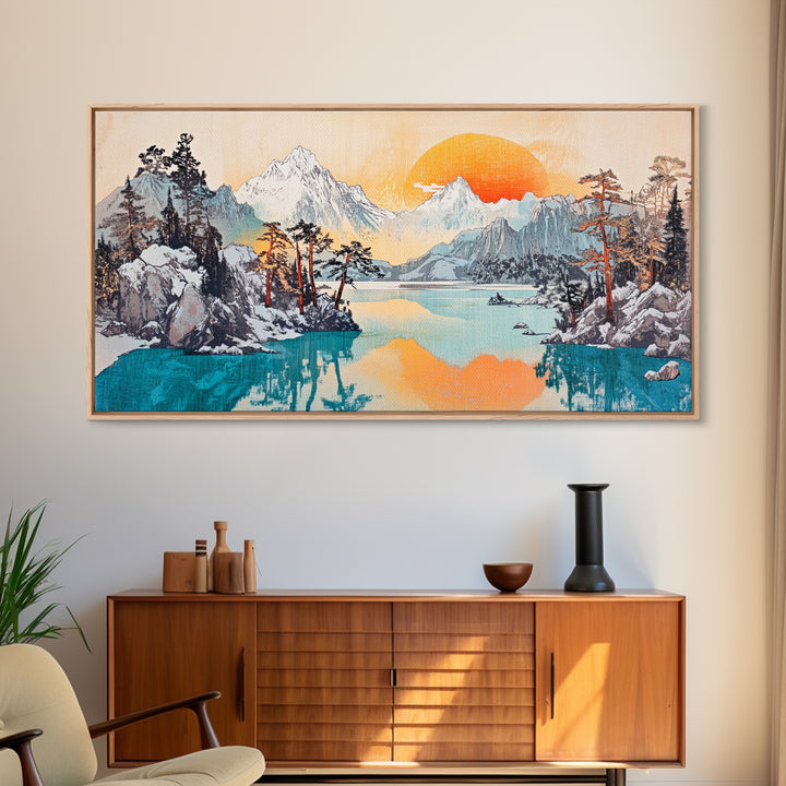 Serene Alpine Lake With Snowy Peaks And Orange Sun Framed Canvas Print, Mountain Wall Art, Japandi Nature Living Room Home Decor