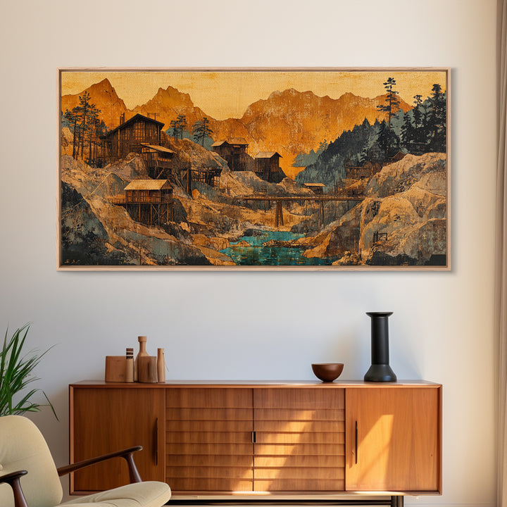 Rustic Mountain Mining Village Framed Canvas Print, Japanese Landscape Wall Art, Cabin Decor, Office Decor, Housewarming Gift