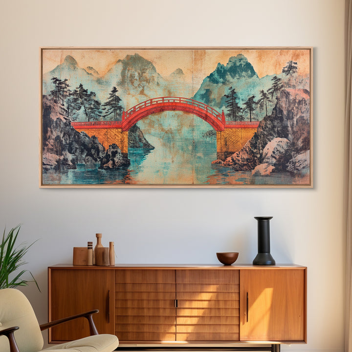 Red Arch Bridge Mountain Lake Canvas Print, Japanese Wall Art, Serene Landscape Art, Zen Home Decor, Living Room Wall Decor