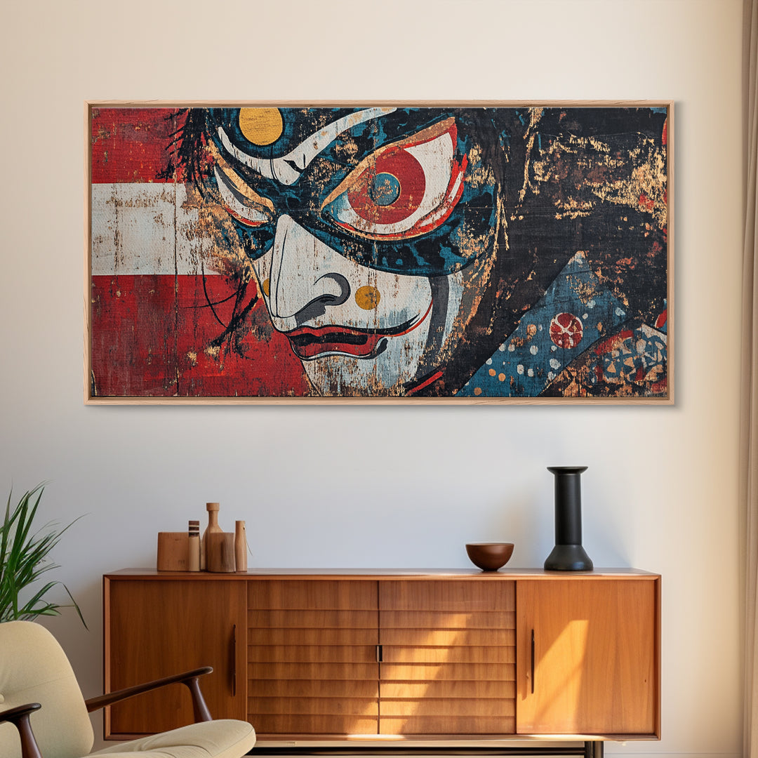 Kabuki Mask Theater Face Framed Canvas Print, Japanese Wall Art, Dramatic Wall Decor, Asian Inspired Art, Statement Artwork