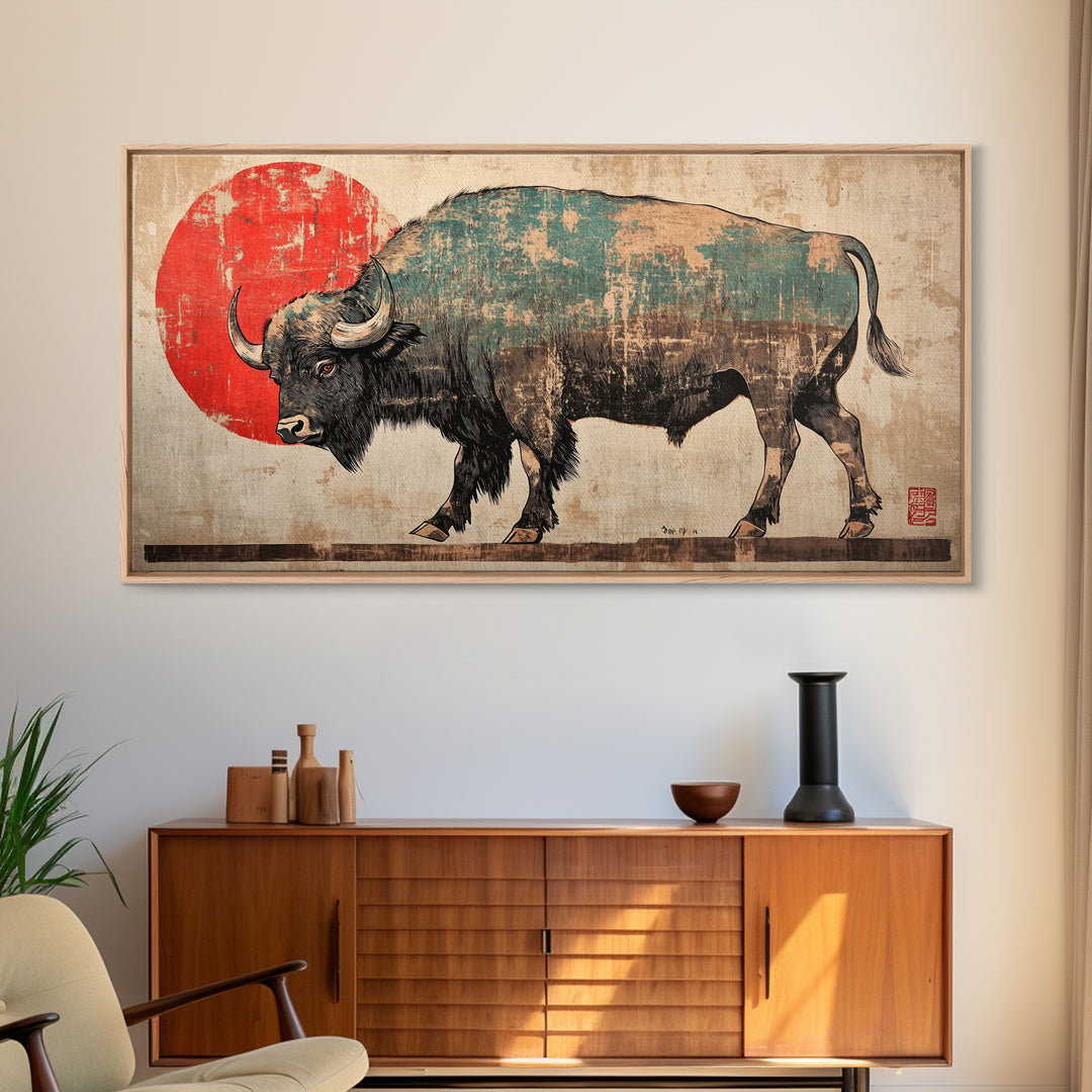 Walking Bison Red Sun Canvas Print, Western Wall Art, Buffalo Art Print, Rustic Home Decor, Masculine Office Wall Decor, Gift For Him