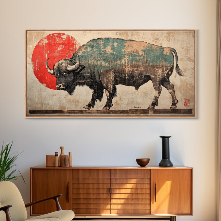 Walking Bison Red Sun Canvas Print, Western Wall Art, Buffalo Art Print, Rustic Home Decor, Masculine Office Wall Decor, Gift For Him