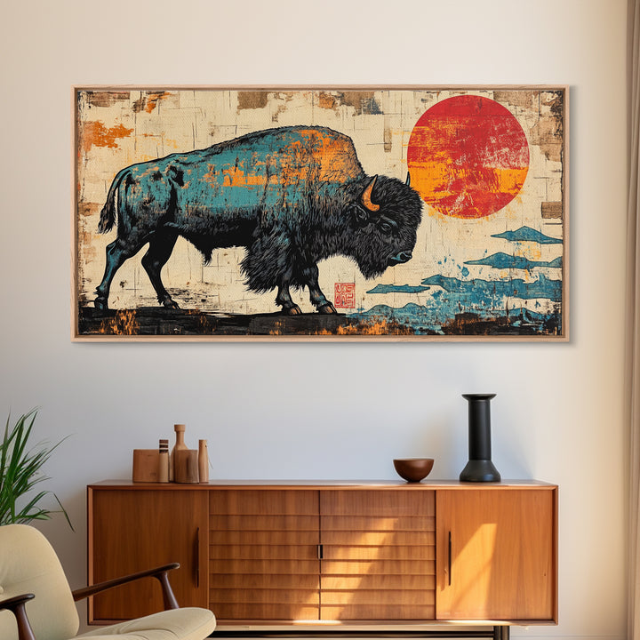 Textured Bison Red Sun Framed Canvas Print, Western Wall Art, Buffalo Wall Decor, Rustic Farmhouse Decor, Gift For Him, Office Decor